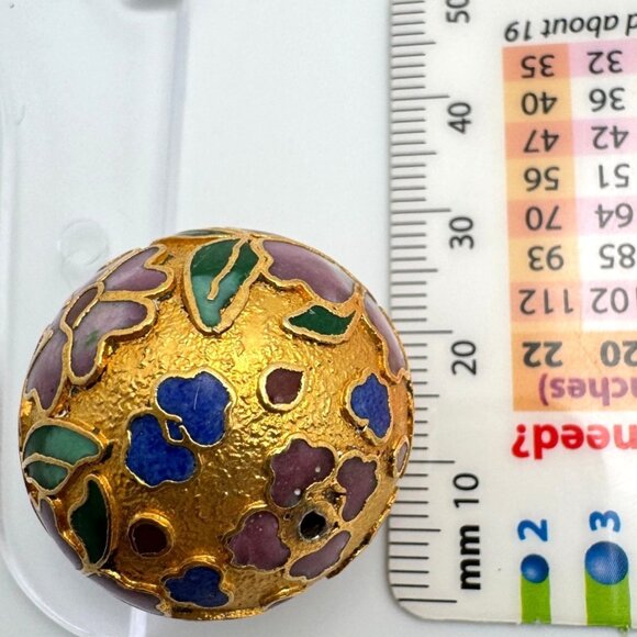 Champlevé Cloisonne 4 Gold Beads 25 MM Blue Green White Pink Flower - Picture 2 of 6